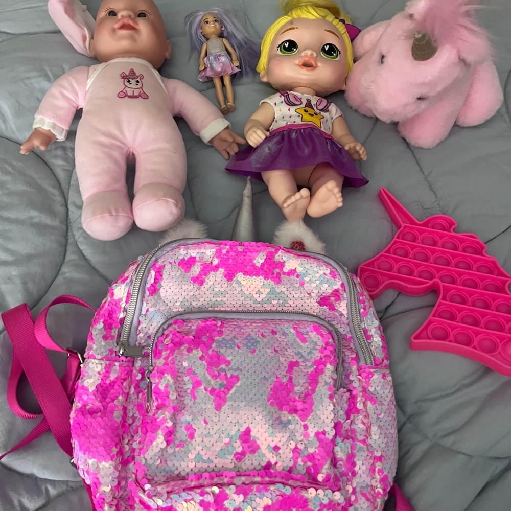 Sparkling Pink and Silver Sequin Backpack with Dolls and Unicorn